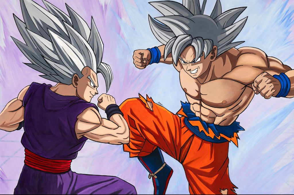 Anime-style illustration of two spiky-haired fighters in combat poses, one in a purple outfit and one in an orange outfit, against a light purple and blue background.
goku, ultra instinct, beast gohan. hyperbolic time chamber