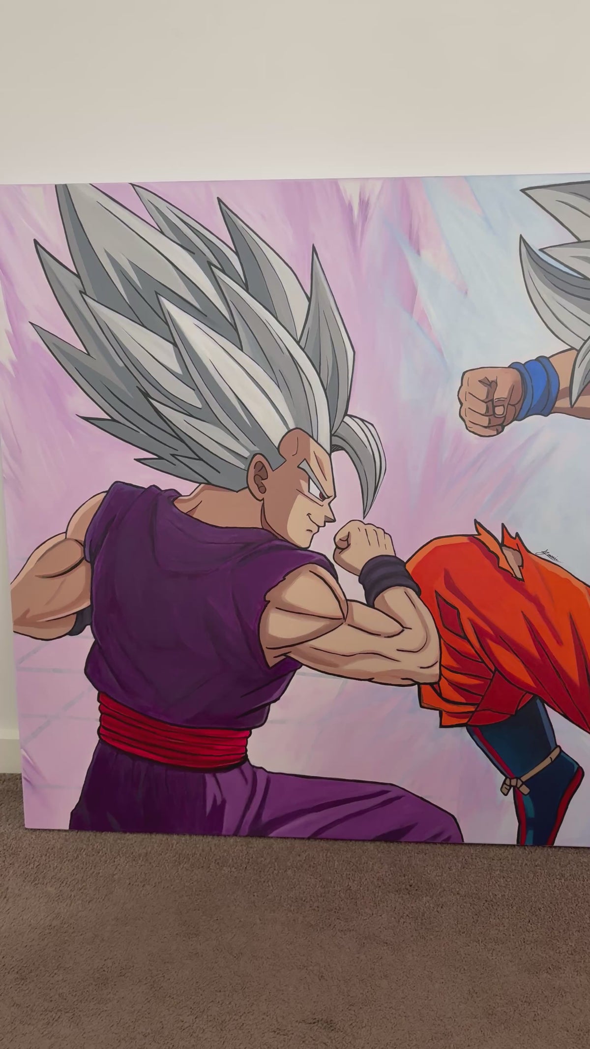 Anime-style illustration and video of two spiky-haired fighters in combat poses, one in a purple outfit and one in an orange outfit, against a light purple and blue background.
goku, ultra instinct, beast gohan. hyperbolic time chamber